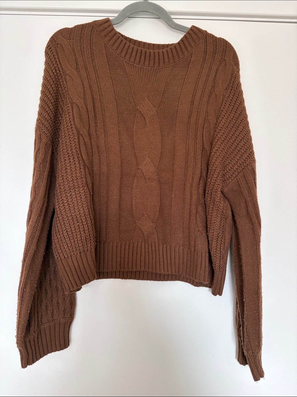 Zaful Cable Knit Crewneck Sweater in Chestnut Brown